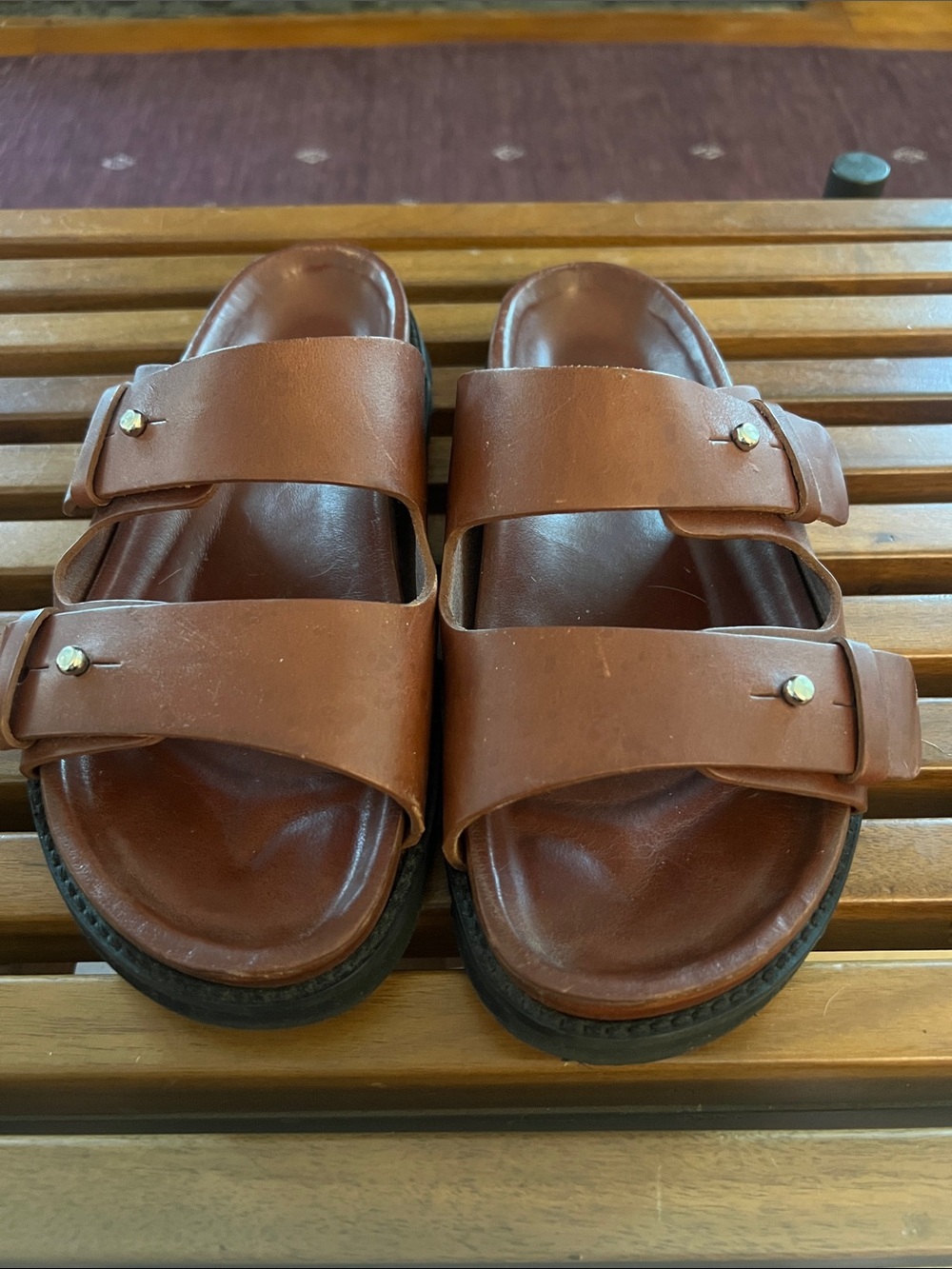 Jenni Kayne Chestnut Brown Leather Double Buckle Slides